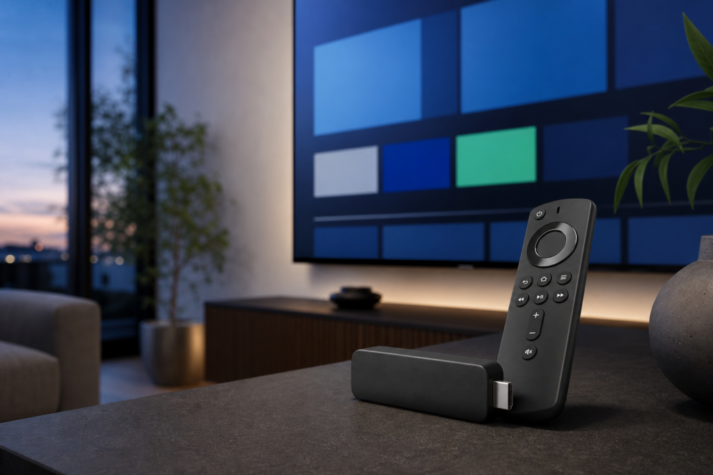 Fire TV Stick et télécommande devant un écran de télévision